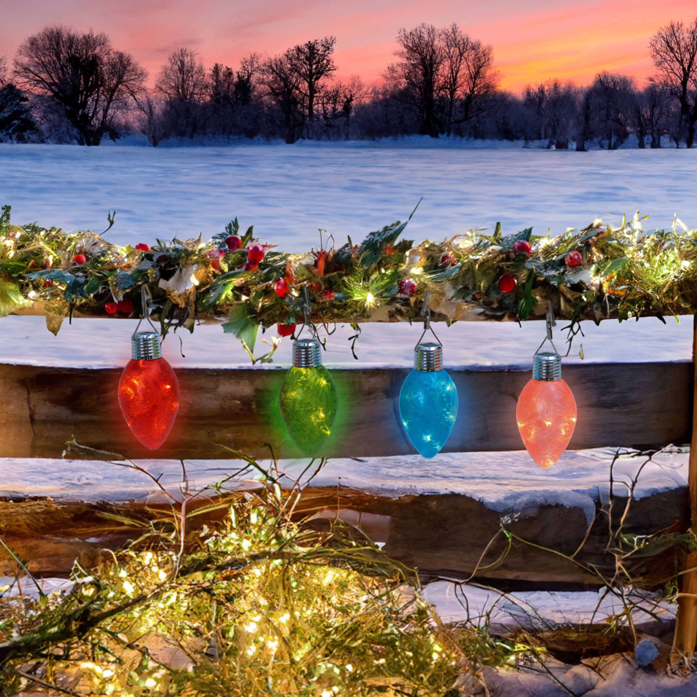 Set of 4 Solar Powered Christmas Holiday Glass Light Bulbs